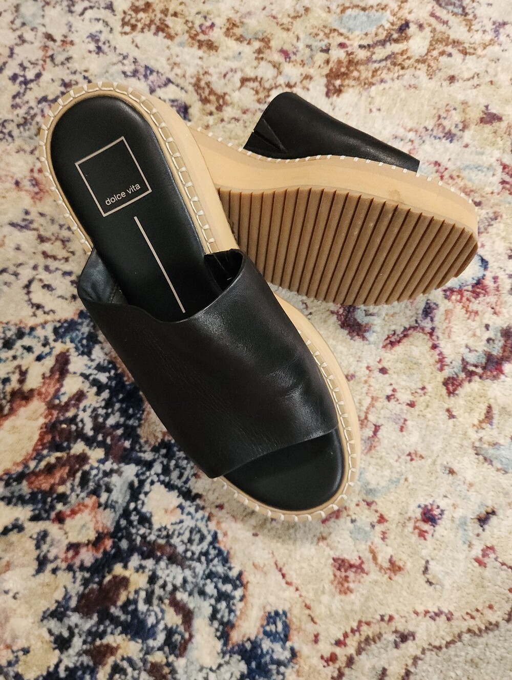 Dolce Vita Chavi Slide Sandal Straw Wrapped Platform Black Leather Size 9.5 - Picture 2 of 11